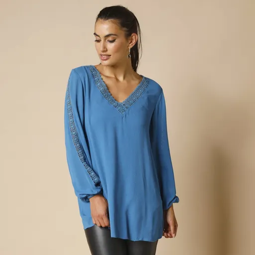 Tunică cu macramé și mâneci lungi, crepon