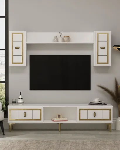 Comoda TV, Hanah Home, Orion, 150x44.6x29.6 cm, PAL , Alb/Auriu