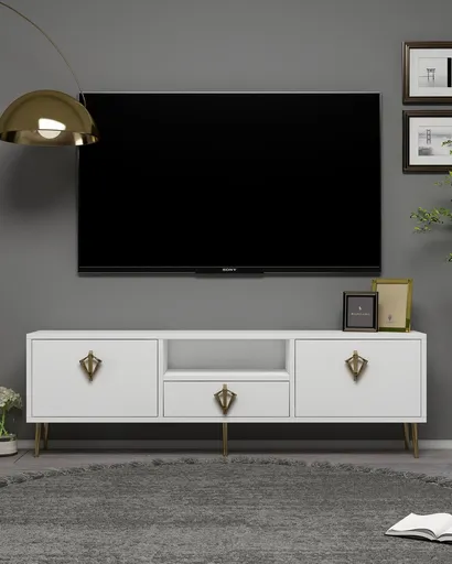 Comoda TV, Hanah Home, 1313-DROP-32, 140x45x30 cm, PAL , Alb/Auriu