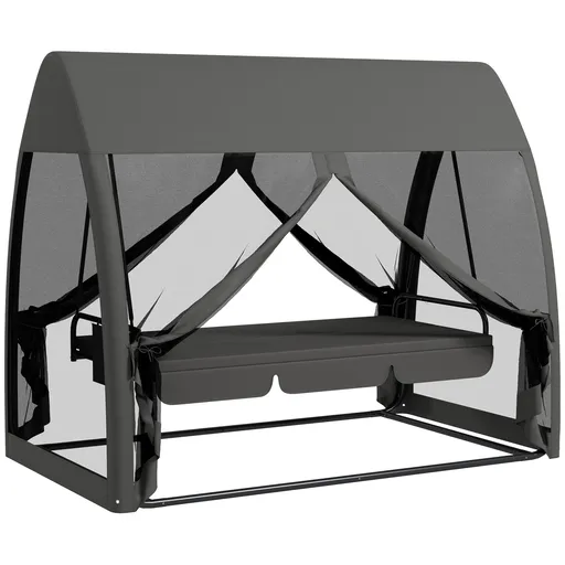 Outsunny Balansoar de Grădină 2-în-1 Convertibil în Pat cu Perne, Balansoar cu Husă și Plasă de Țânțari cu Fermoar, 240x140x197 cm, Gri | Aosom Romani