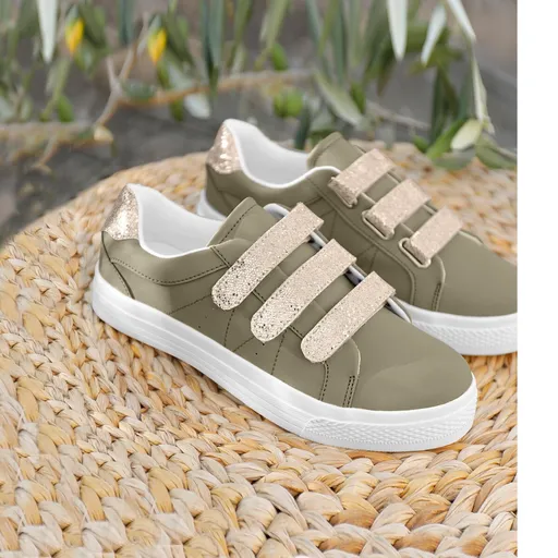 Adidași cu glitter și velcro, kaki/auriu