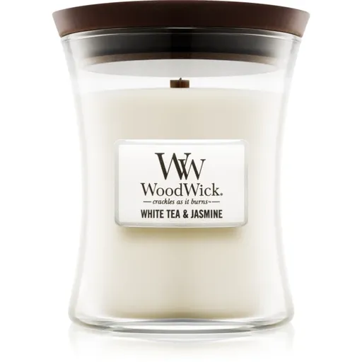 Woodwick White Tea & Jasmine lumânare parfumată cu fitil din lemn 275 g
