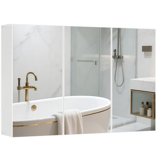 HOMCOM Dulap cu oglindă pentru baie, Badschrank cu 3 uși cu oglindă, Montaj pe perete, 90 x 15,5 x 60 cm, Placă de fibră, Alb | Aosom Romania