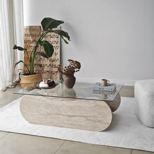 Masuta de cafea, Hanah Home, Brise, 105x35x65 cm, Travertin / Transparent