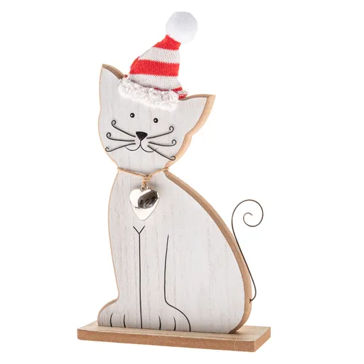 Pisică din lemn cu clopoțel și căciulă tricotată, 29 cm, alb