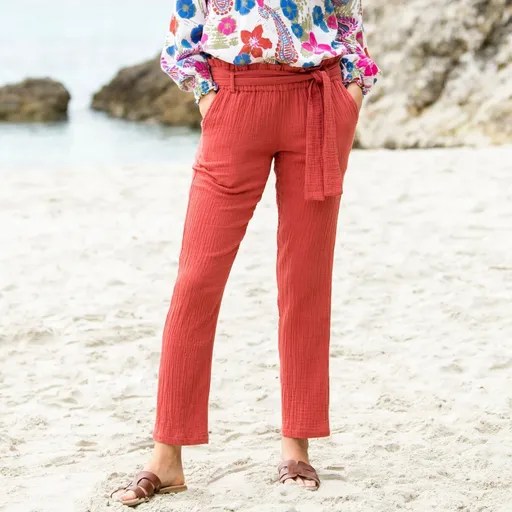 Pantaloni drepți din tifon de bumbac cu aspect încrețit