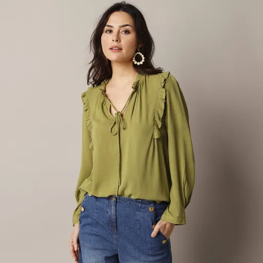 Bluză de culoare solidă cu volane, crepon