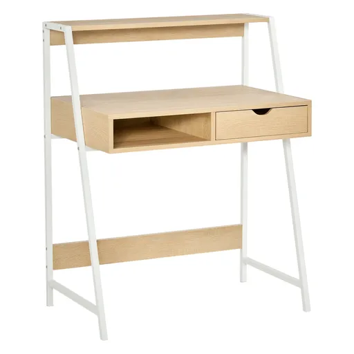 HOMCOM Birou secretar Birou Calculator Stil neoretro sertar Nisă etajeră metal alb Aspect stejar deschis | Aosom Romania