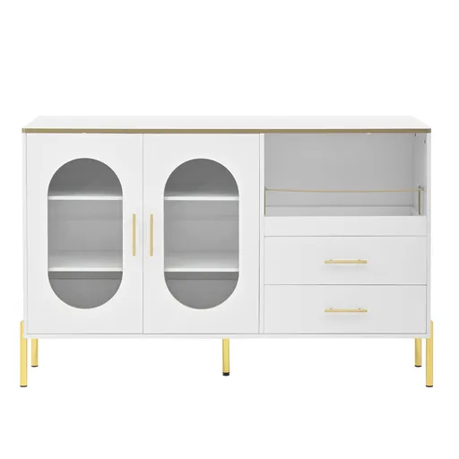 Comodă cu 2 sertare și 2 uși din sticlă, spațiu generos de depozitare, 140x38x90 cm, Alb