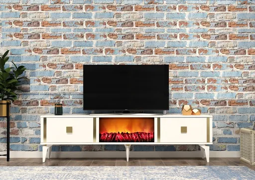 Comoda TV, Hanah Home, Doruk Fireplace, 150x44.6x29.6 cm, Alb/Auriu