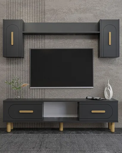 Comoda TV, Hanah Home, Yosun Bohem, 150x44.6x29.6 cm, PAL , Stejar antracit / safir