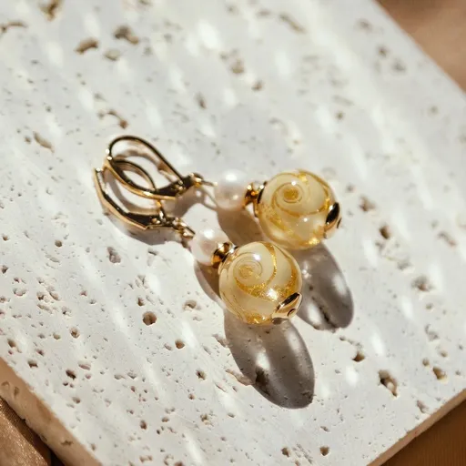 Lampglas Cercei Golden Ball cu aur de 24k în perle Lampglas și perle de râu ETB2