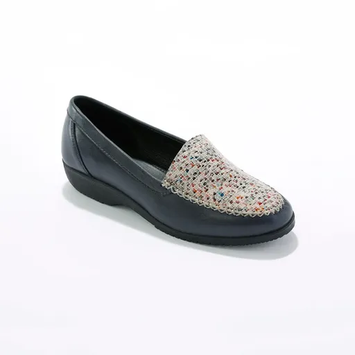 Mocasini elastici din piele, albastru marin cu imprimeu