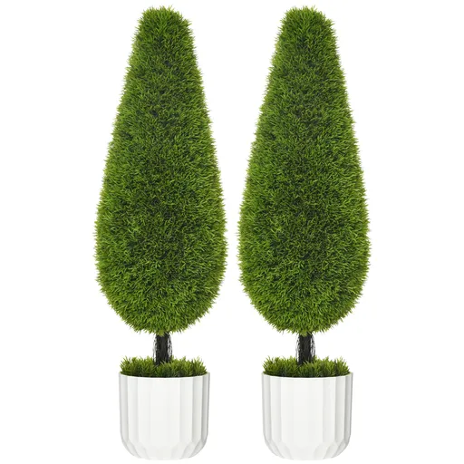 Set 2 Plante Artificiale cu Ghiveci de Ø12x16 cm, Muschi si Ciment, Plante Artificiale de 90cm din PE si Plastic, Verde-Alb HOMCOM | Aosom Romania