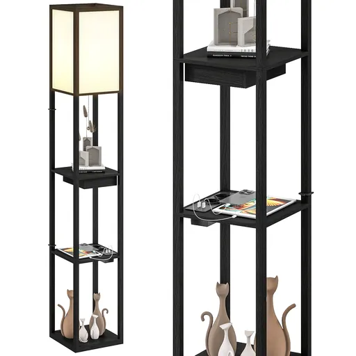 HOMCOM Lampadaire modern cu LED-uri și rafturi cu port USB A+C, comutator la picior pentru salon, cameră, birou, negru | Aosom Romania