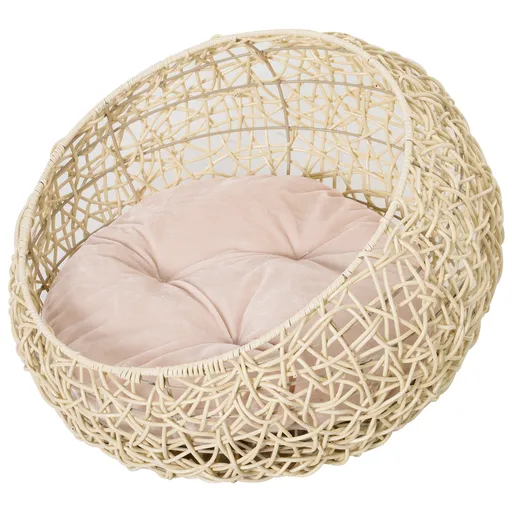 Pat Elegant pentru Pisici PawHut, Design din Rattan cu Pernă din Lin și Bumbac, Bej, Ф56x35cm | Aosom Romania