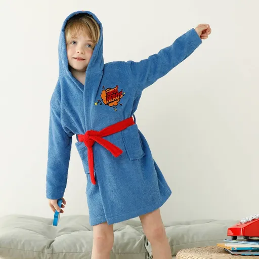 Halat de baie cu glugă super erou pentru copii, bumbac terry 340g/m2