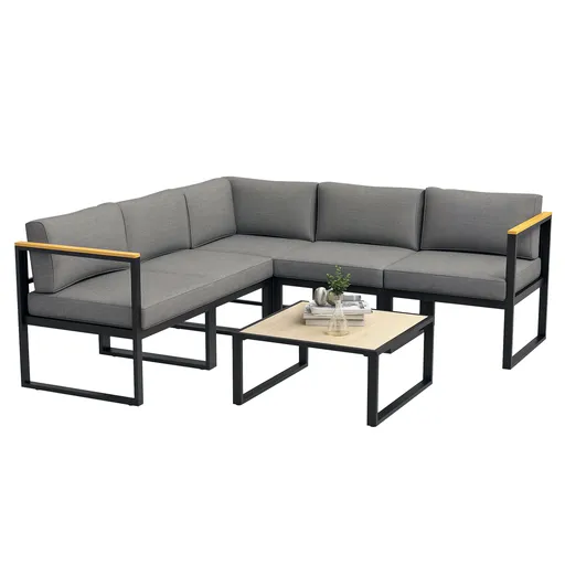 Outsunny Set de Mobilier de Grădină din 6 Piese, Set de Exterior cu Masă și Canapea cu cadru din Aluminiu cu Cotiere, 65x65x31 cm, Gri | Aosom Romania