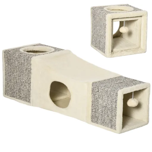 PawHut Tunel Pliabil pentru Pisici cu Căsuțe și Zgârâietori, Jucării cu Minge de Pluș și Sisal, 98x30x30 cm, Alb Crem | Aosom Romania