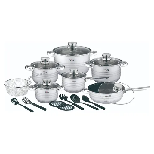 Set oale cu capac Oliver Voltz OV51210R20B, 20 piese, Fund multistrat, Inductie, Otel inoxidabil, Ustensile, Argintiu