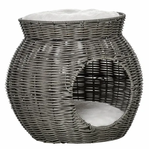 PawHut Coș pentru Pisici din Rattan PE cu 2 Niveluri, Zonă de Zgâriat și Cușcă, Perne de Plus Lavabile, Diametru Φ50x43.5cm, Gri Închis | Aosom Romani