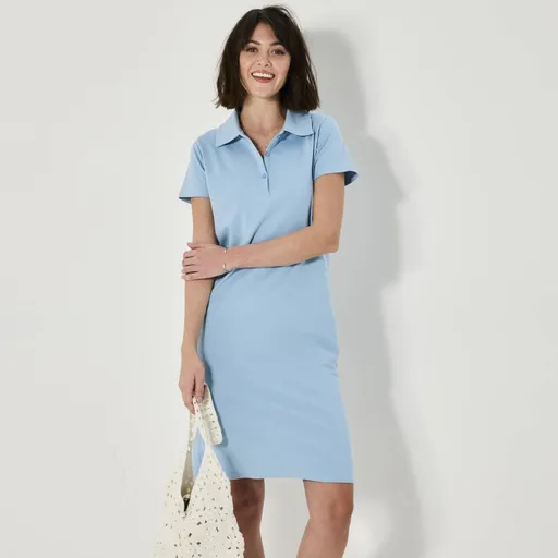 Rochie dreaptă cu guler polo, tricot elastic