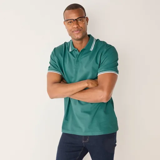 Tricou polo din piqué cu mânecă scurtă și dungi pe mâneci și guler