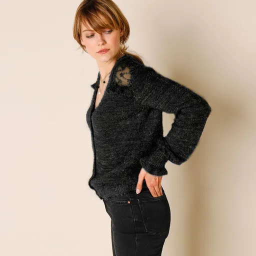 Pulover cu nasturi, cu tul brodat