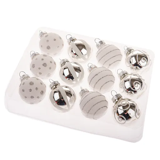 Set de ornamente din sticlă Glimmer Collection, argintiu și alb, 12 bucăți, diametru 3 cm, argintiu