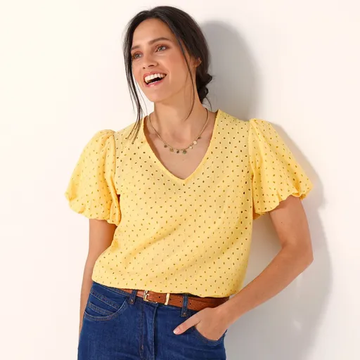 Bluză de culoare solidă cu broderie englezească și mâneci balon