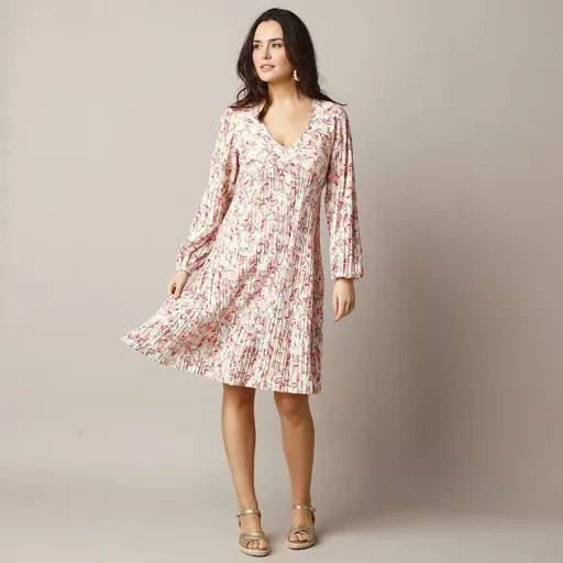 Rochie scurtă cu imprimeu, tricot plisat