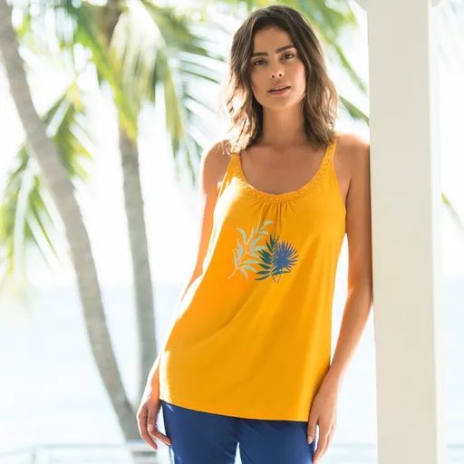 Bluză de pijama din bumbac și macrameu cu imprimeu central