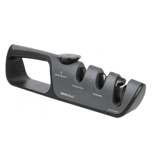 Ascutitor pentru cutite si foarfece Kinghoff KH 1636, Unghi reglabil, Ascutire aspra/fina, 14-24°, Gri