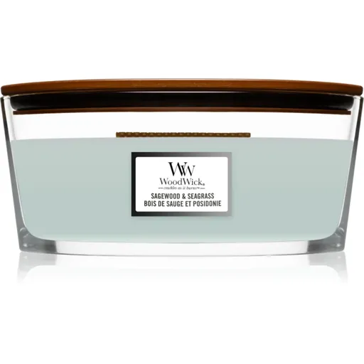 Woodwick Sagewood & Seagrass lumânare parfumată cu fitil din lemn (hearthwick) 453,6 g