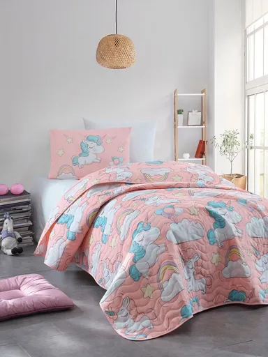 Set cuvertura Single 160x220 cm, 2 piese, L'essentiel Maison, Unicornio, 65% bumbac/35% poliester, Roz
