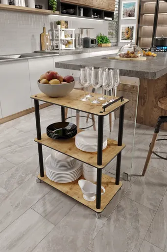 Carucior pentru servire, Hanah Home, Dinner Trolley, 60x74x35 cm, MDF , Stejar