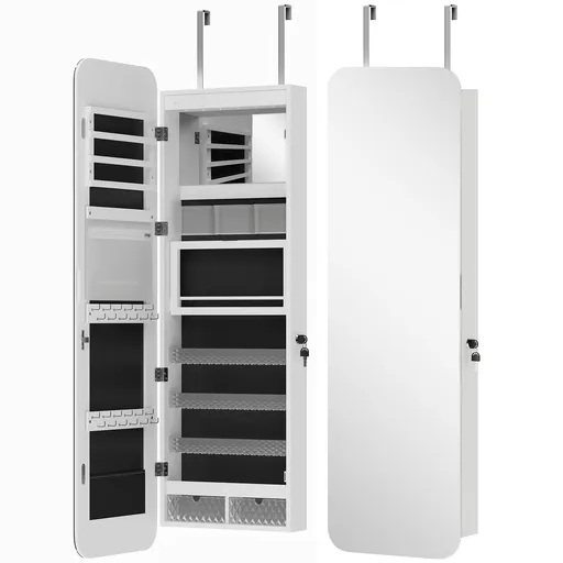 HOMCOM Dulap pentru Bijuterii Montabil pe Perete cu Oglindă Internă și LED-uri, Înălțime 120 cm, Economisire Spațiu, Sertare, Încuietoare și Cheie, Po