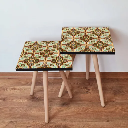 Set masute 2 piese, Hanah Home, 2Shp44, Maro / Verde / Galben / Alb