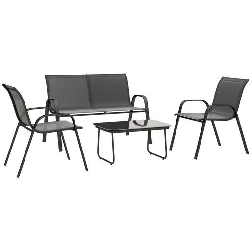 Outsunny Set Mobilier de Grădină din 4 Piese cu Canapea, 2 Scaune Stivuibile și Măsuță de Cafea, 113x66x79 cm, Negru | Aosom Romania