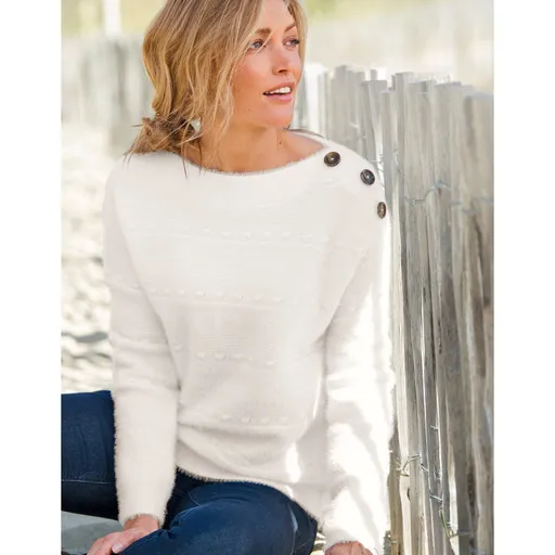 Pulover cu gât bărcuță, tricotat cu grămadă