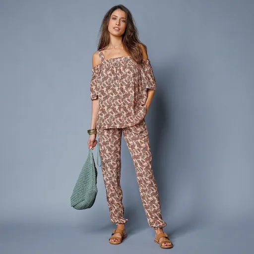 Pantaloni drepți creponați cu imprimeu