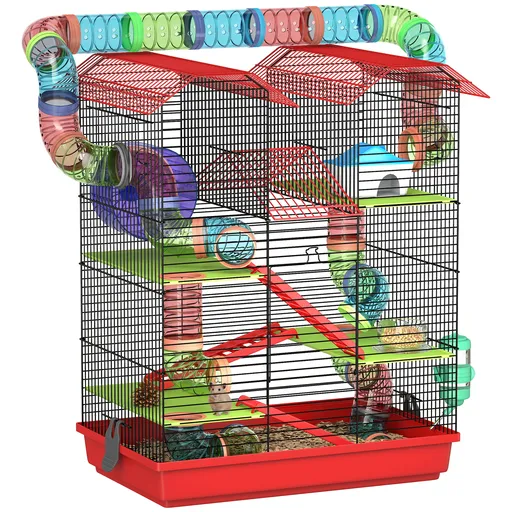 PawHut Cușcă pentru hamster șoareci rozătoare mici cu tunel furajer roată jucărie 47 x 30 x 59 cm roșu | Aosom Romania