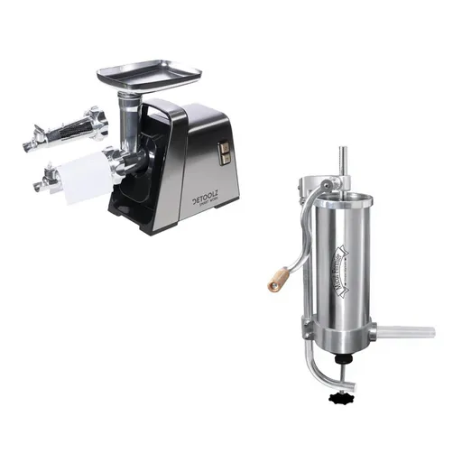 Pachet Masina Electrica Inox de Tocat Carne, 1400W, 100 kg/h, cu Accesorii Carnati si Rosii + Masina de Umplut Carnati Inox Vertical, 3 kg, 5 palnii i