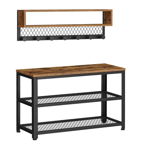 Set bancheta cu pantofar si cuier de perete, Vasagle, 73x30x45 cm/75.1x12.5x22 cm, PAL/otel, maro rustic