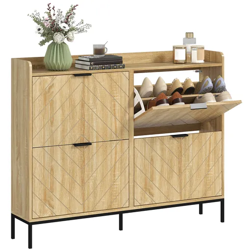 HOMCOM Mobila de pantofi 16 perechi cu 4 sertare, uși rabatabile, rafturi reglabile, 110 x 23,5 x 95,5 cm, stejar | Aosom Romania