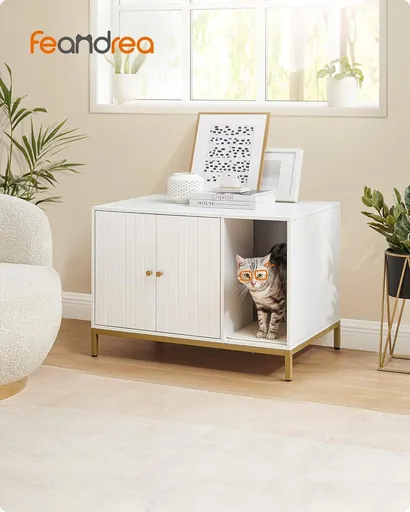 Dulap pentru litiera pisici / casa de toaleta pisici, Feandrea, 80x50x55 cm, PAL, alb/auriu