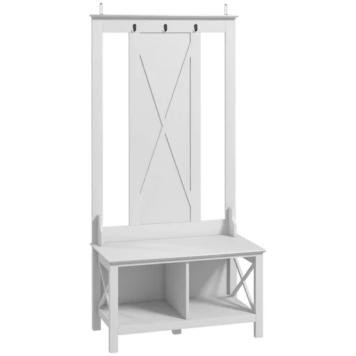 HOMCOM Suport pentru Haine cu Pantofi din Lemn cu 2 Rafturi și 3 Cârlige pentru Agățat Rucsacuri 80,5x40x168 cm Alb | Aosom Romania