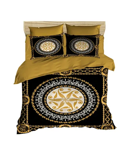 Lenjerie de pat dubla King (FR), 3 piese, L'essentiel Maison, 3D4, Negru / Auriu / Alb