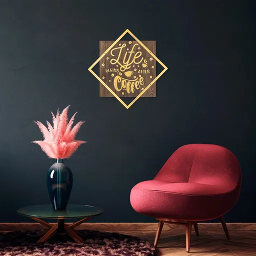 Decoratiune de perete, Life Begins After Coffee, Dimensiune: 54 x 54 cm, Nuc / Aur