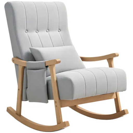 HOMCOM Fotoliu cu balansoar cu pernă lombară, șezut larg, ramă din lemn, până la 120 kg, Gri | Aosom Romania